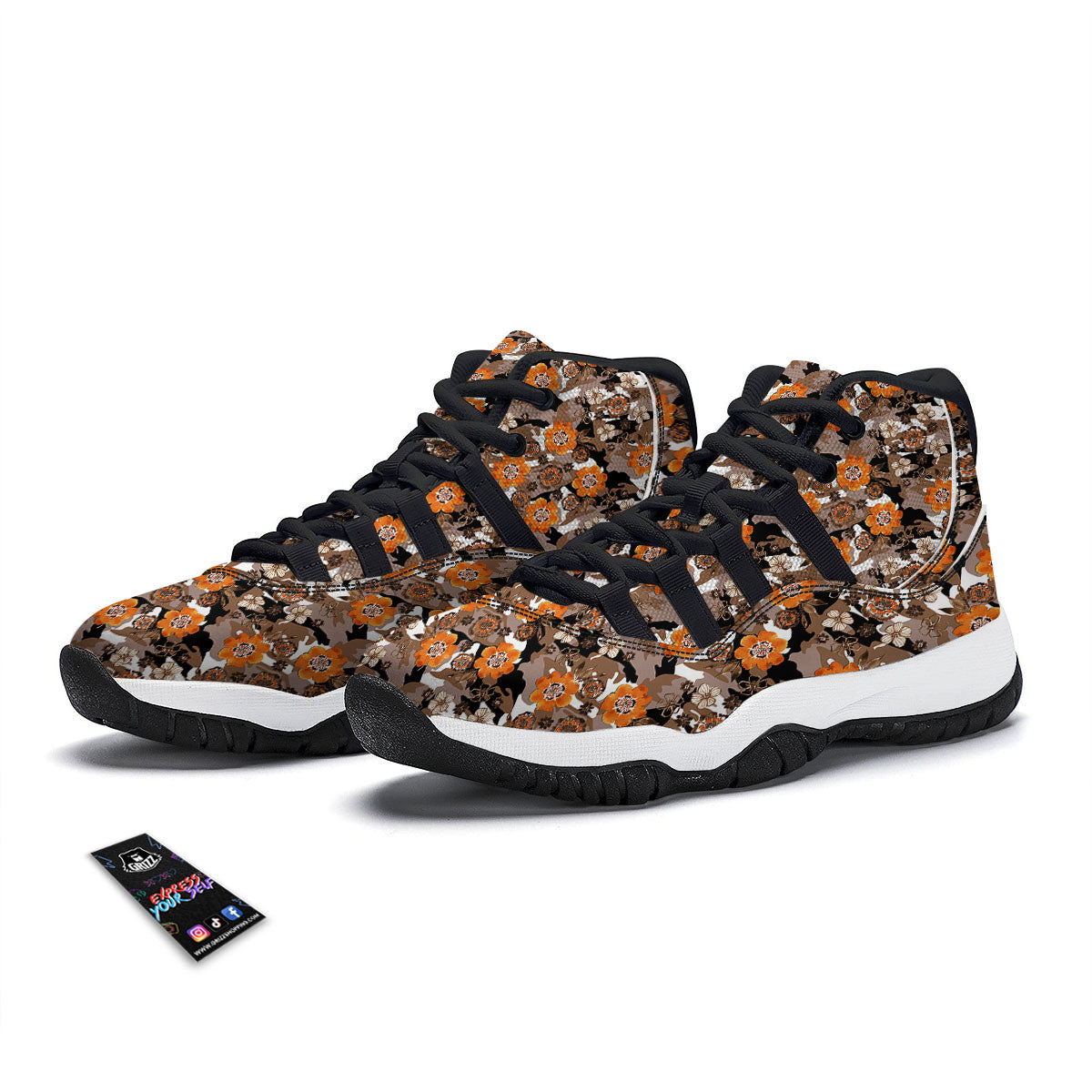 Camo Flower Brown Hawaiian Print Pattern Black Bball Shoes-grizzshop