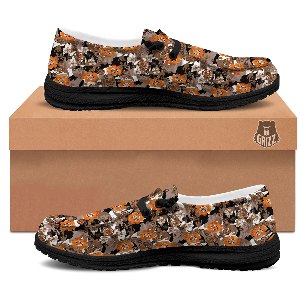 Camo Flower Brown Hawaiian Print Pattern Black Loafers-grizzshop