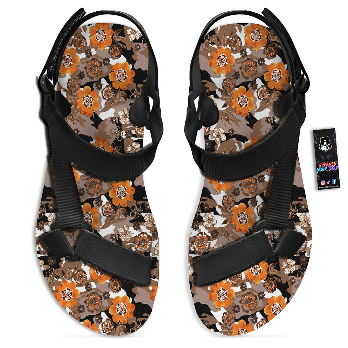 Camo Flower Brown Hawaiian Print Pattern Black Open Toe Sandals-grizzshop