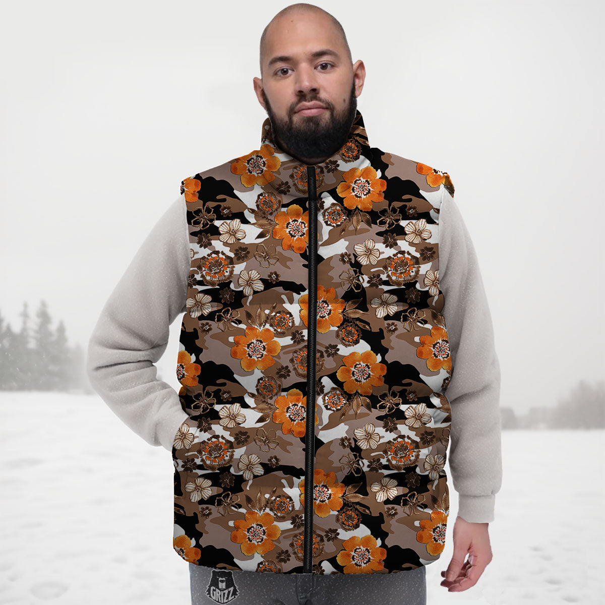 Camo Flower Brown Hawaiian Print Pattern Down Vest