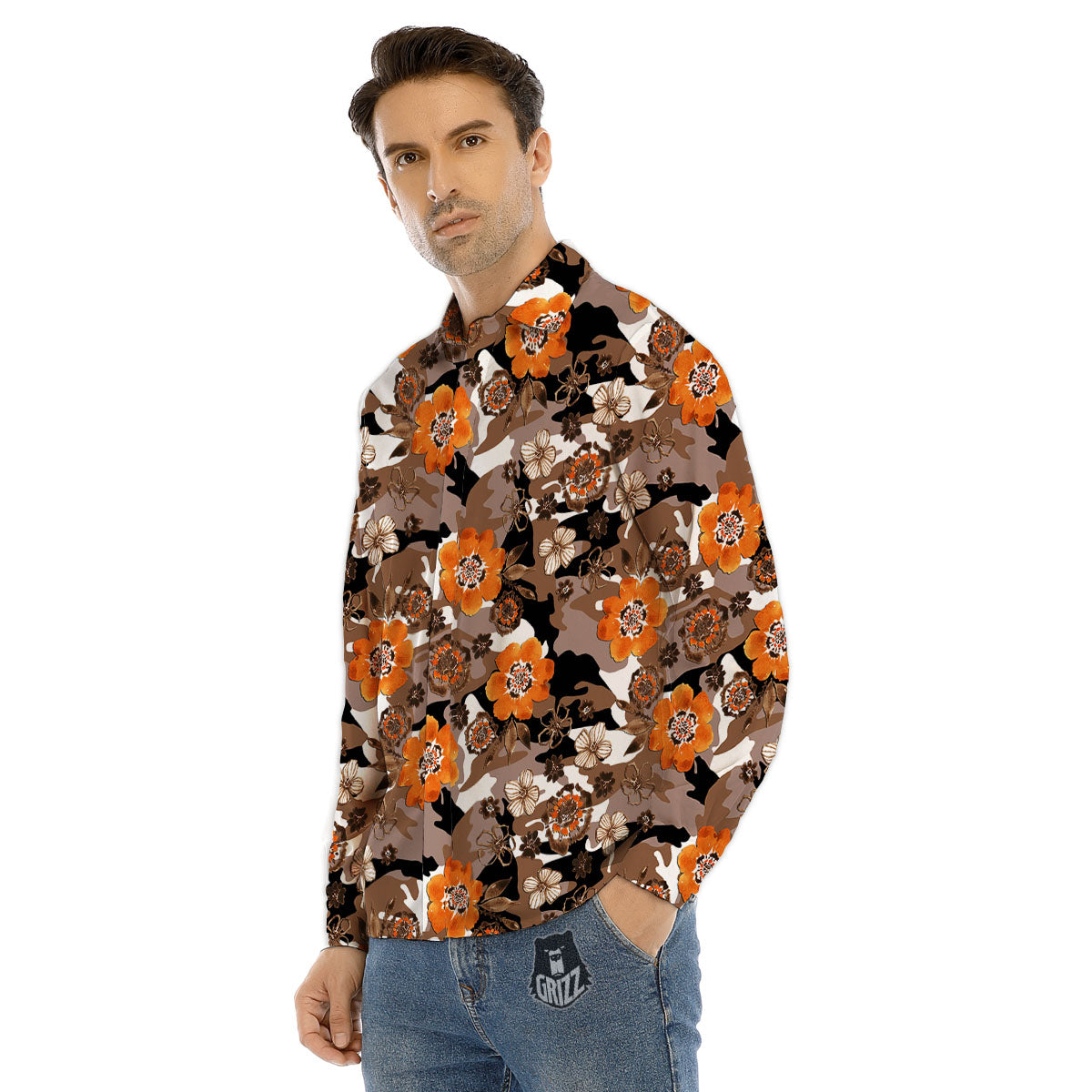 Camo Flower Brown Hawaiian Print Pattern Men's Dress Shirts-grizzshop