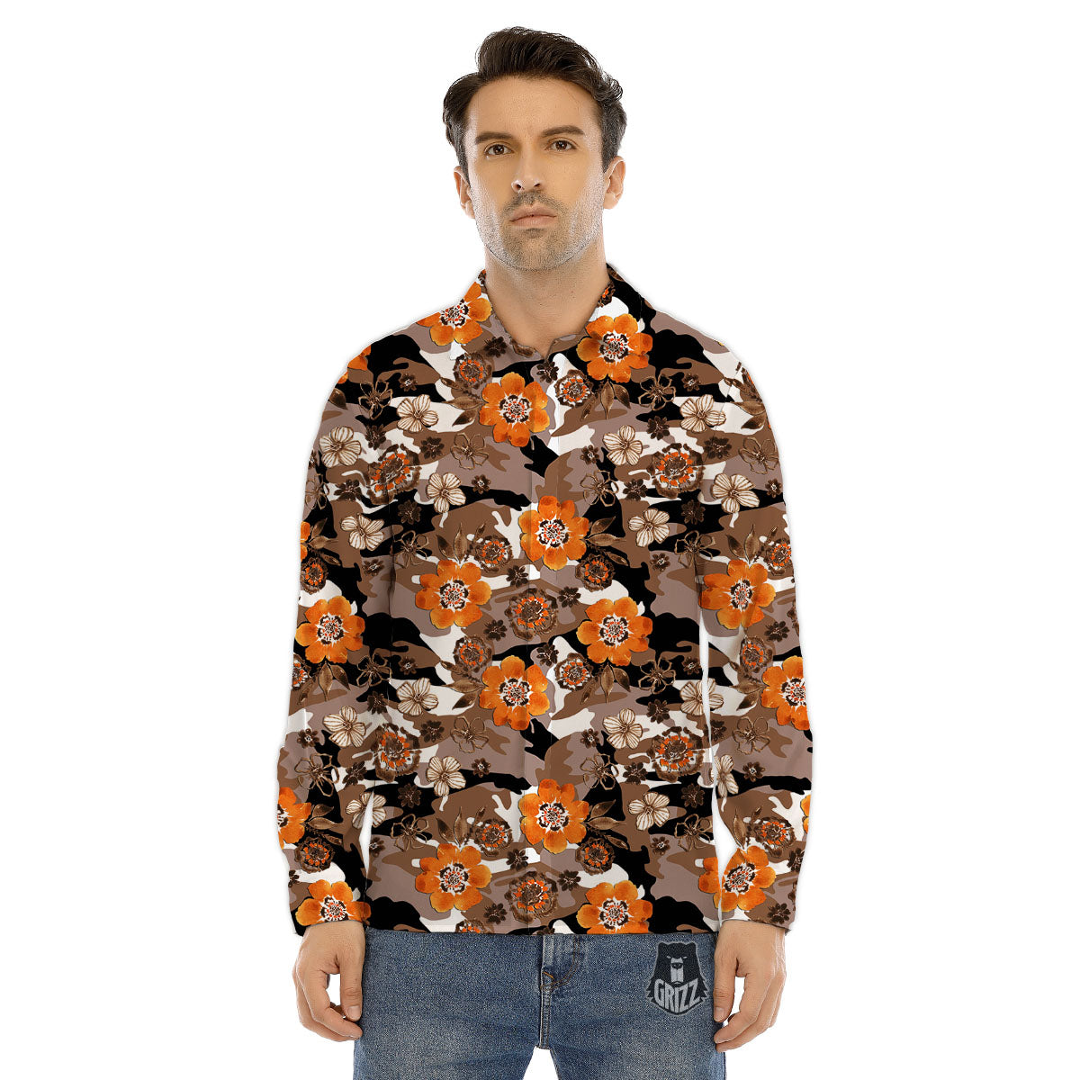 Camo Flower Brown Hawaiian Print Pattern Men's Dress Shirts-grizzshop