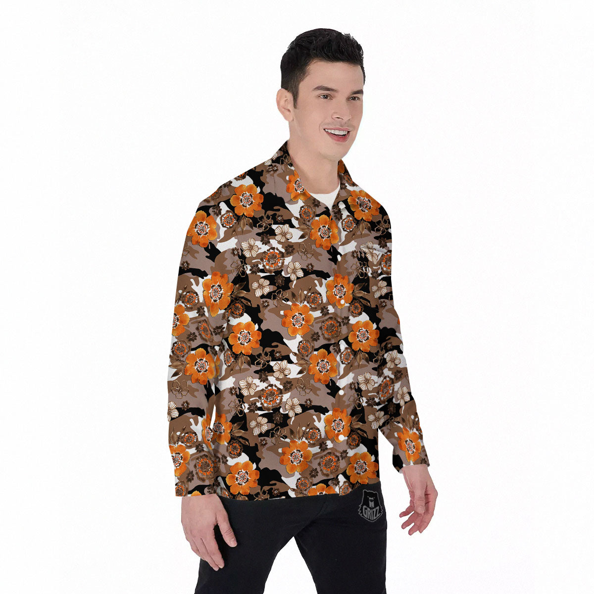 Camo Flower Brown Hawaiian Print Pattern Men's Long Sleeve Shirts-grizzshop