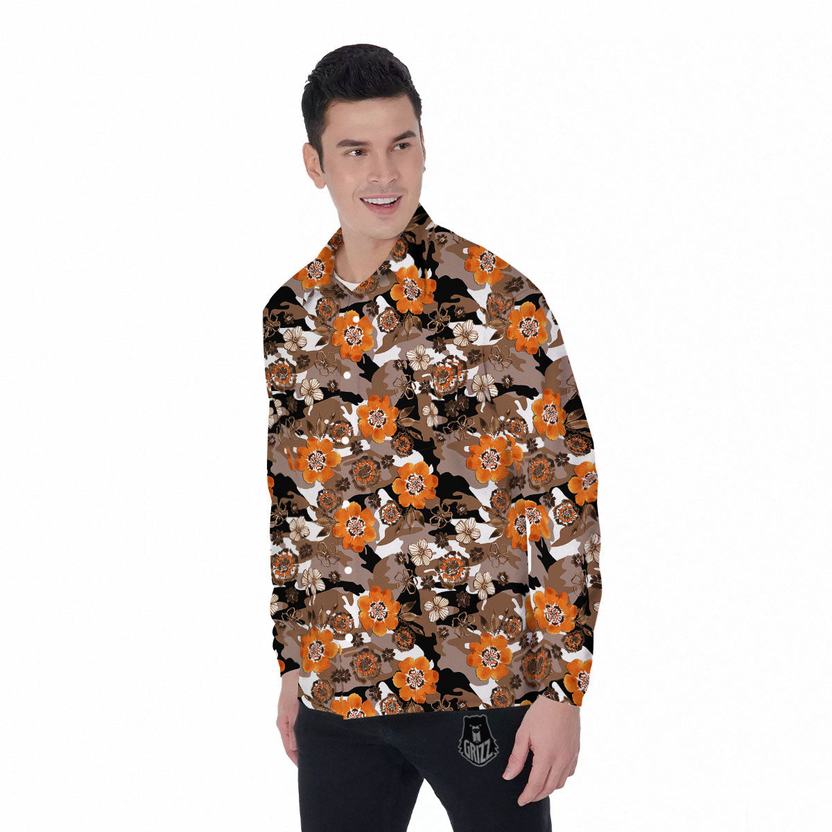 Camo Flower Brown Hawaiian Print Pattern Men's Long Sleeve Shirts-grizzshop