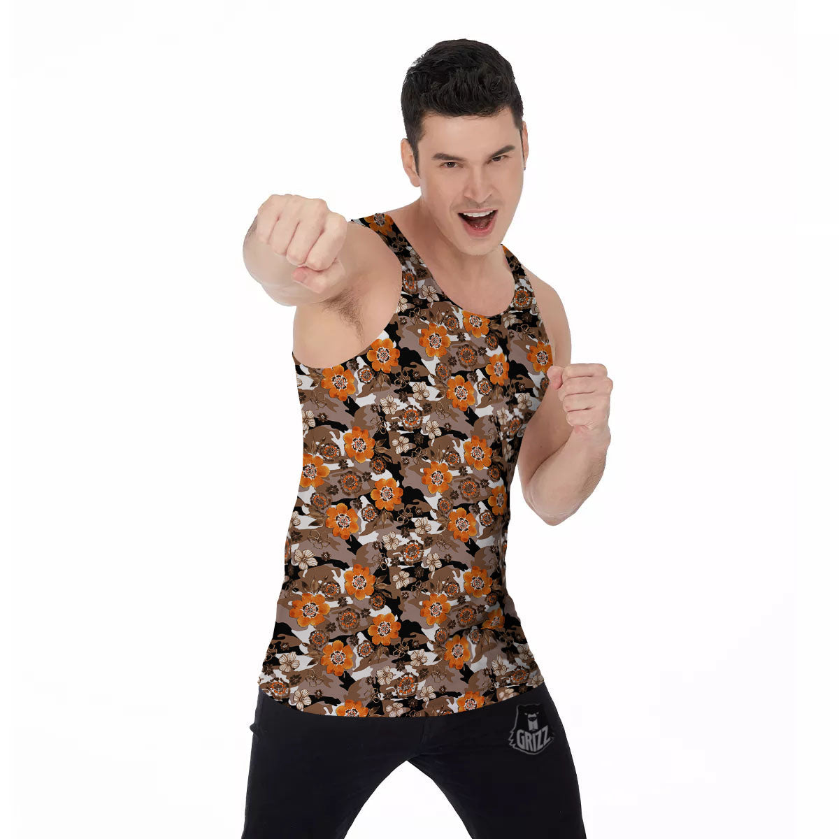 Camo Flower Brown Hawaiian Print Pattern Men's Tank Top-grizzshop