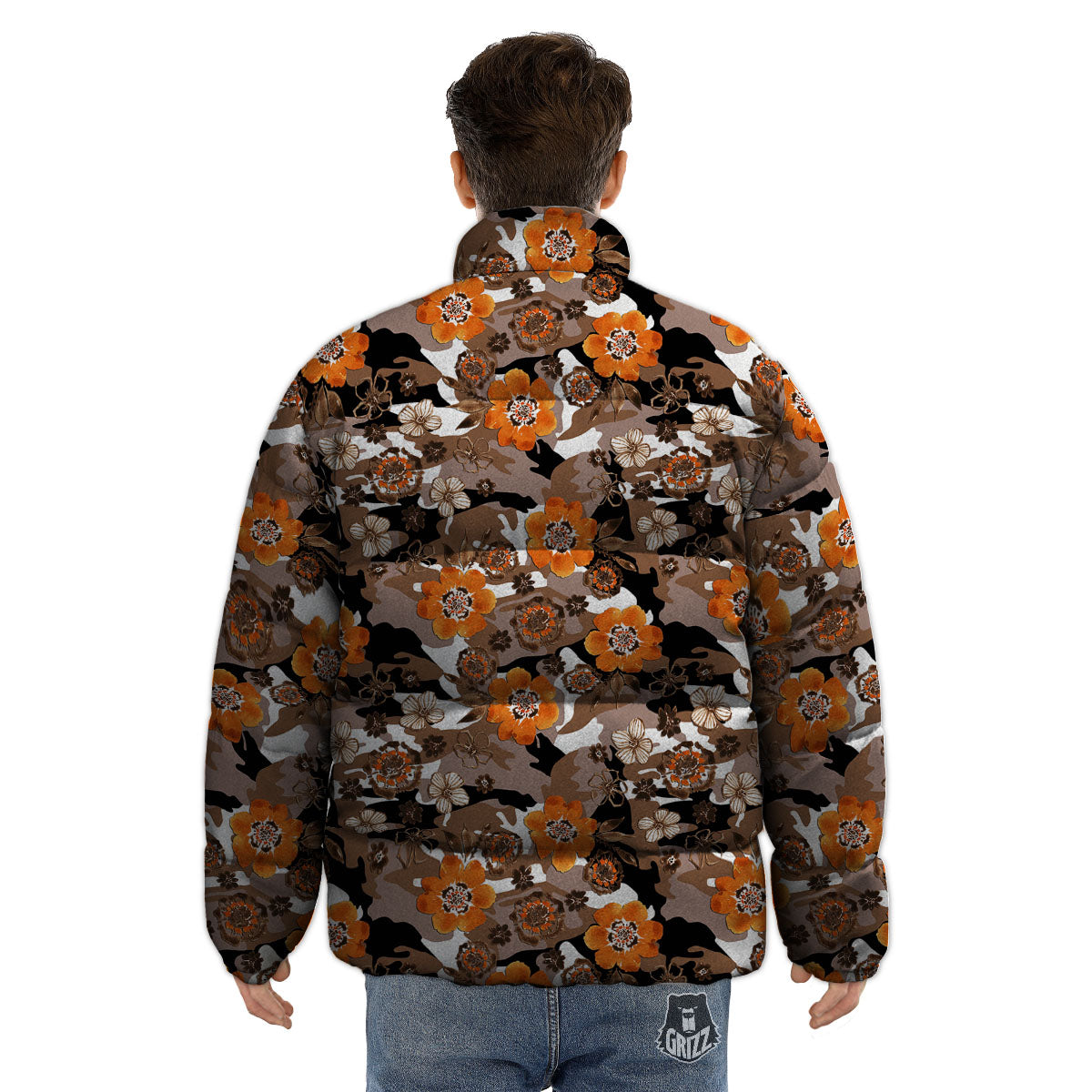 Camo Flower Brown Hawaiian Print Pattern Puffer Jacket-grizzshop