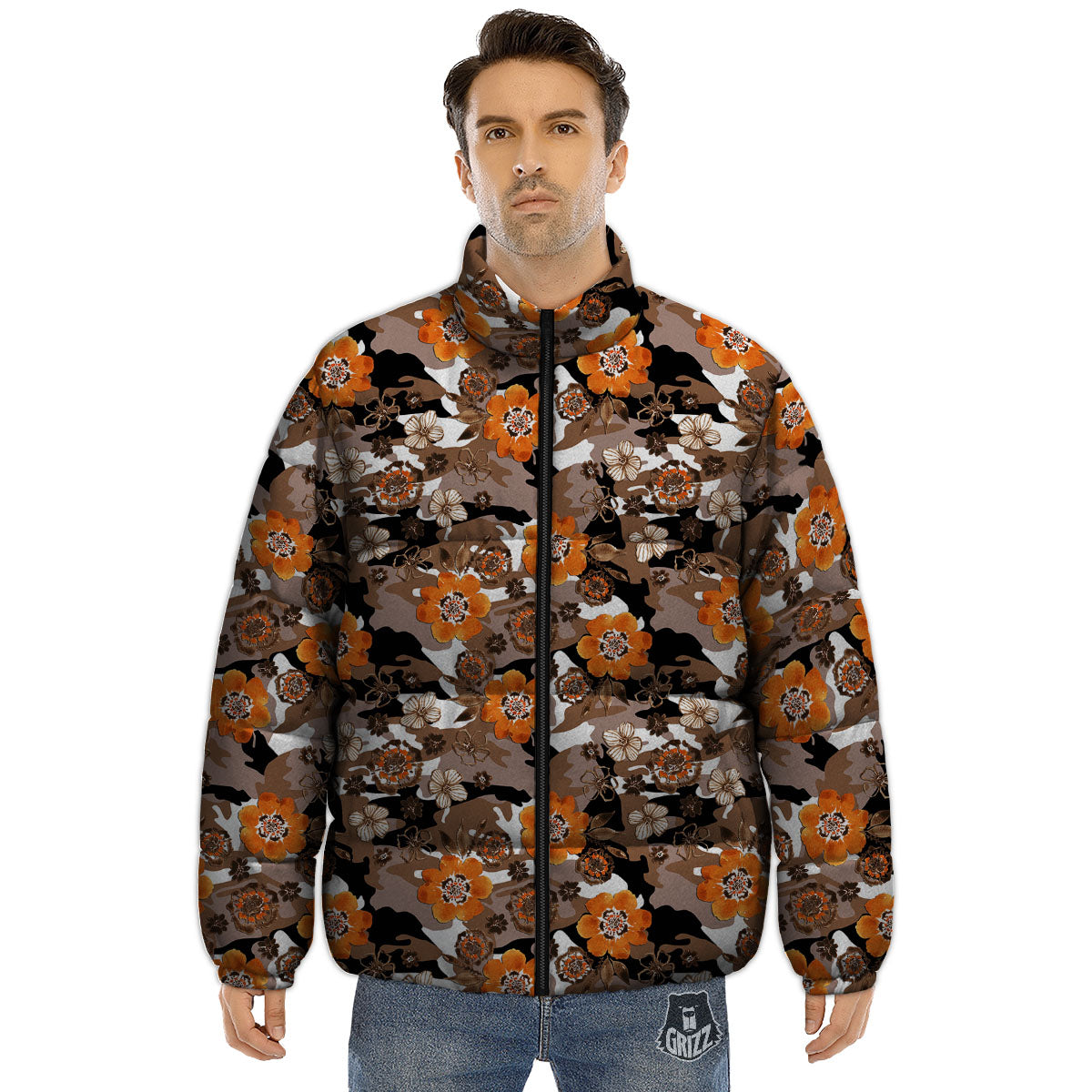 Camo Flower Brown Hawaiian Print Pattern Puffer Jacket-grizzshop