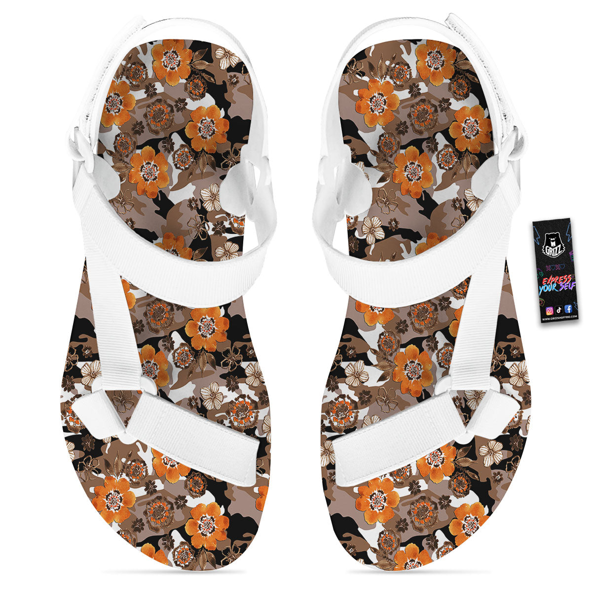 Camo Flower Brown Hawaiian Print Pattern White Open Toe Sandals-grizzshop