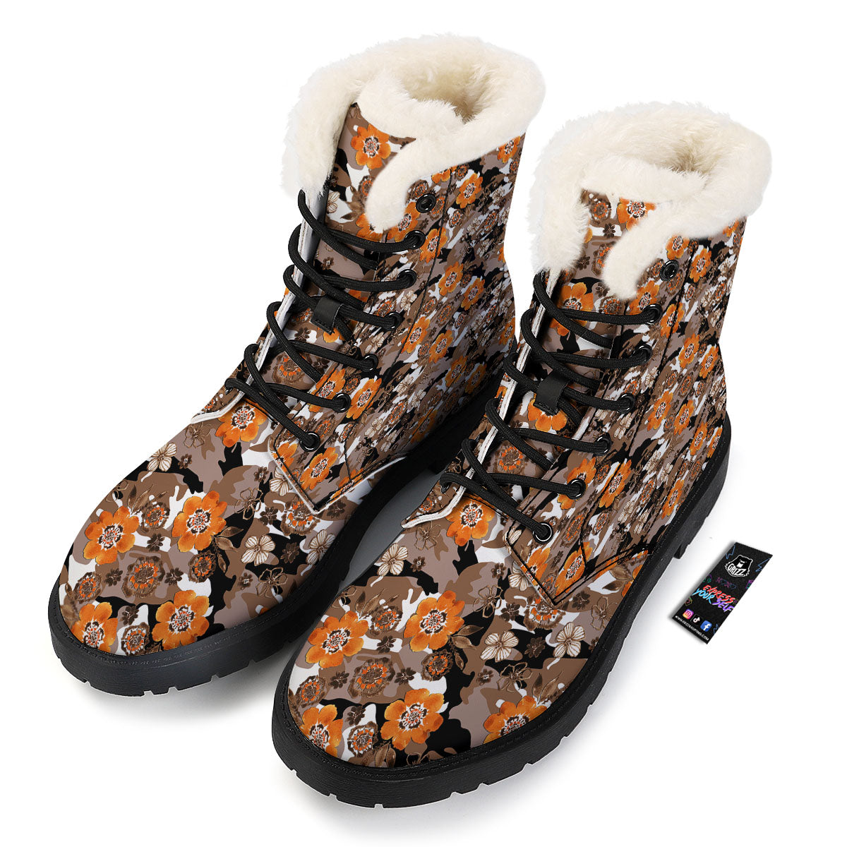 Camo Flower Brown Hawaiian Print Pattern Winter Boots-grizzshop