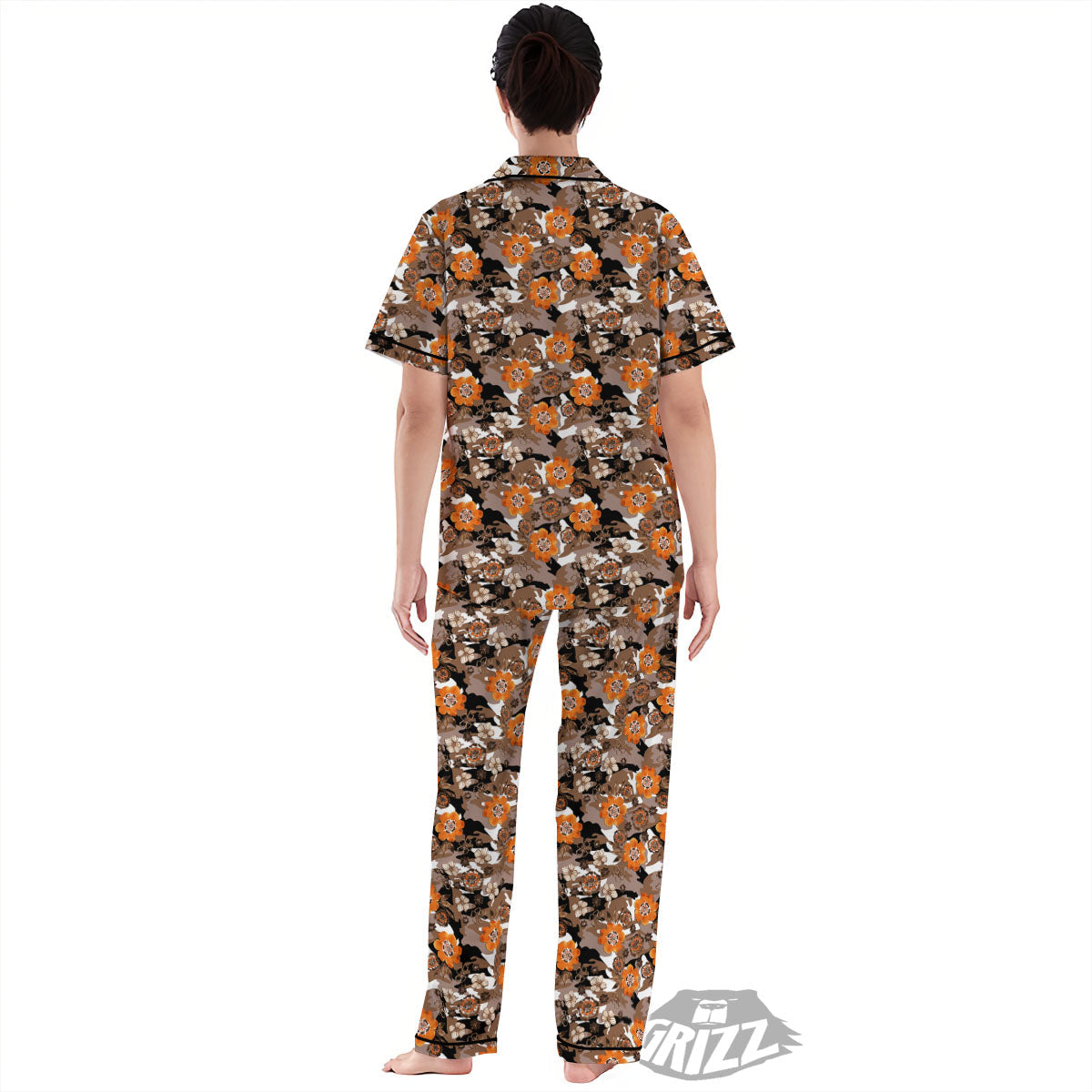 Camo Flower Brown Hawaiian Print Pattern Women's Pajamas Set-grizzshop
