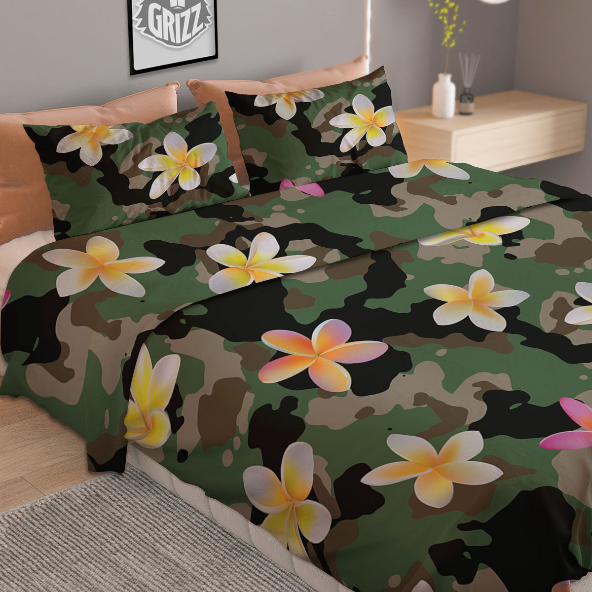 Camo Flower Military Green Print Pattern Duvet Cover Bedding Set