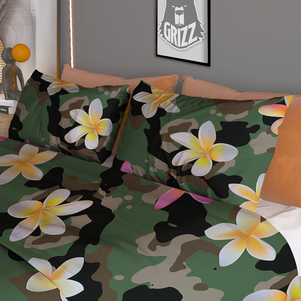 Camo Flower Military Green Print Pattern Duvet Cover Bedding Set