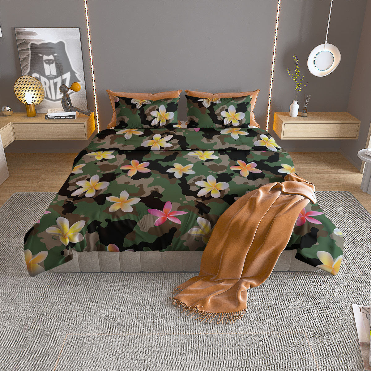 Camo Flower Military Green Print Pattern Duvet Cover Bedding Set
