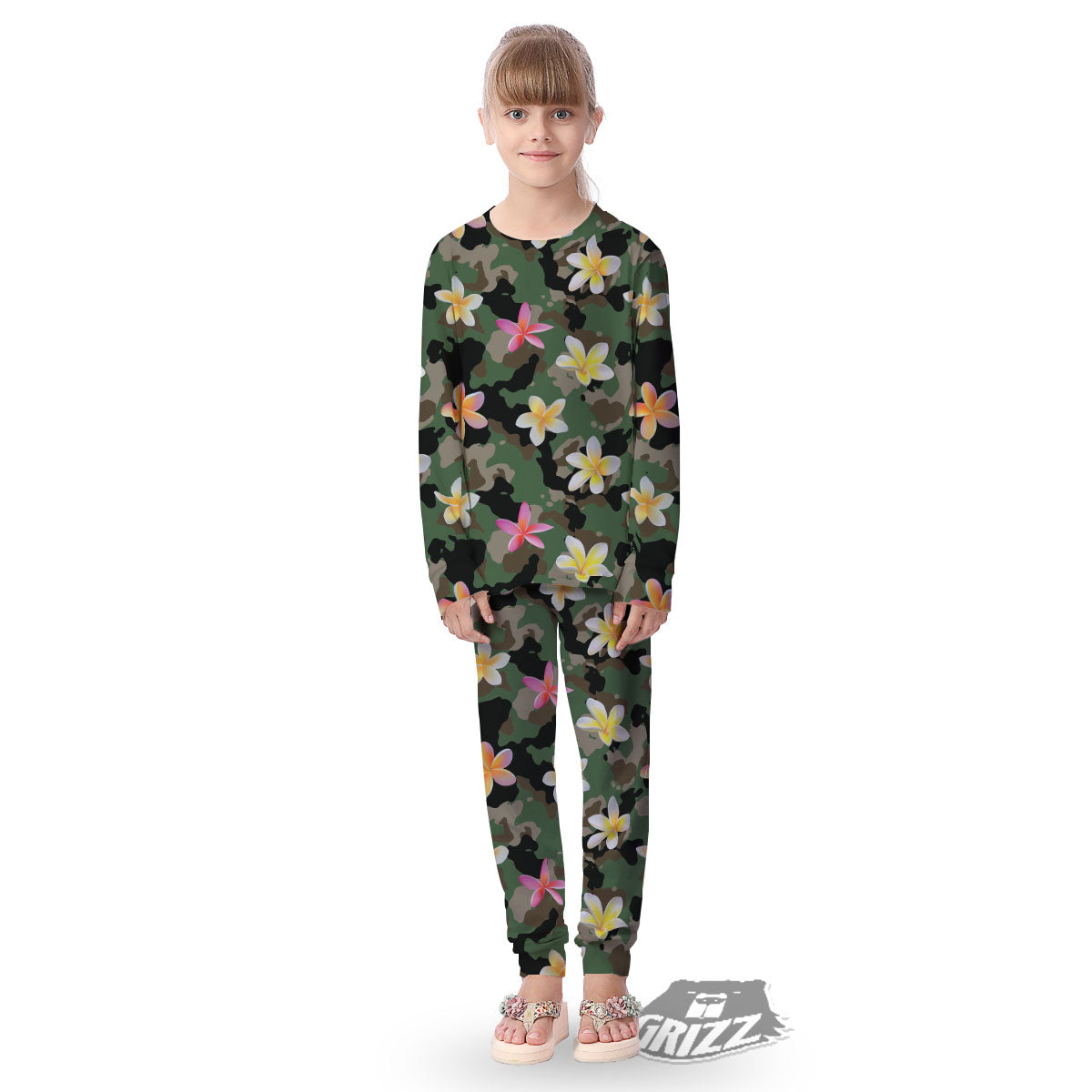 Camo Flower Military Green Print Pattern Kid's Pajamas-grizzshop