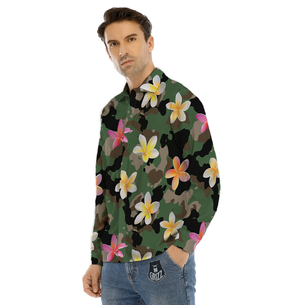 Camo Flower Military Green Print Pattern Men's Dress Shirts-grizzshop