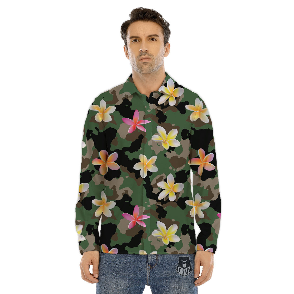 Camo Flower Military Green Print Pattern Men's Dress Shirts-grizzshop