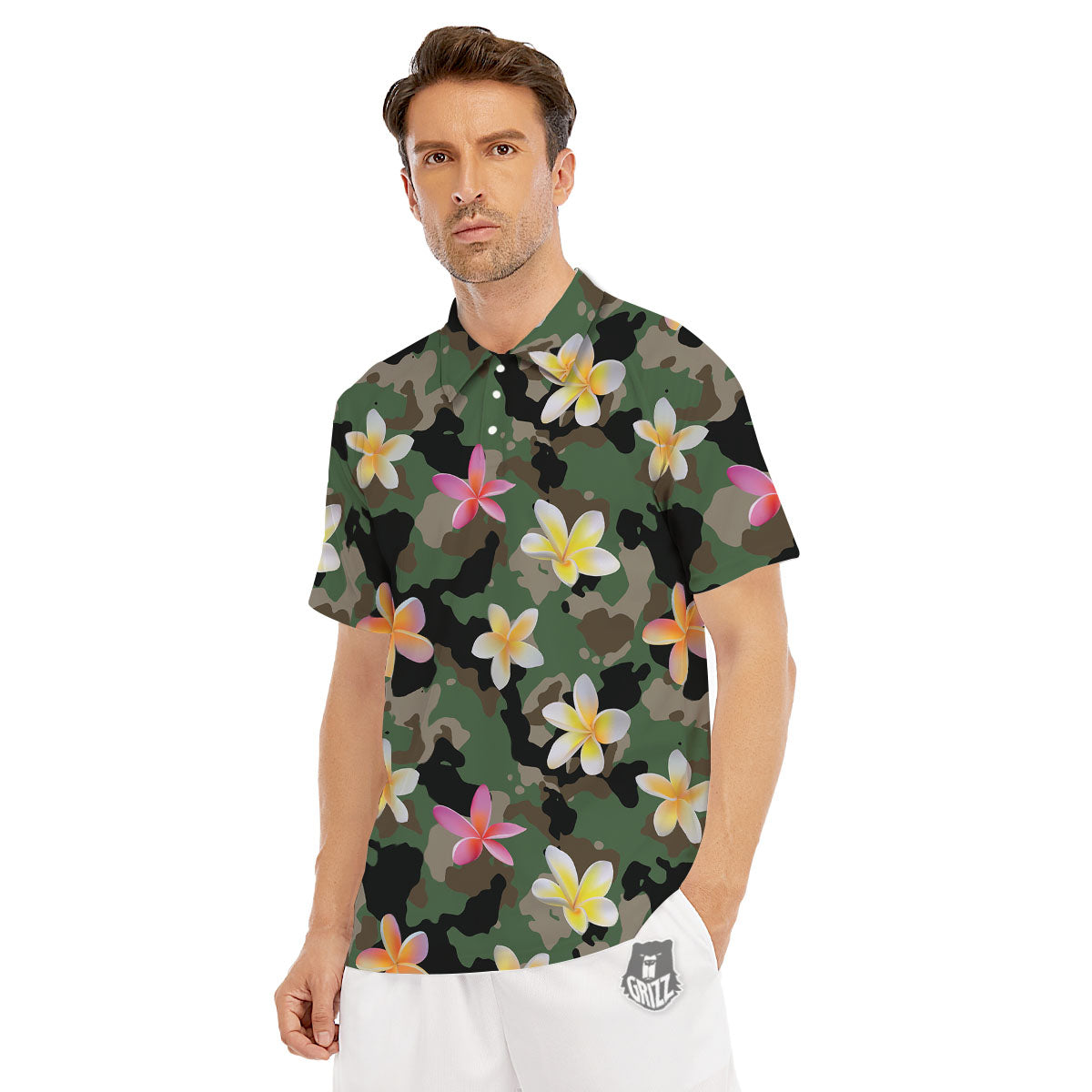 Camo Flower Military Green Print Pattern Men's Golf Shirts-grizzshop