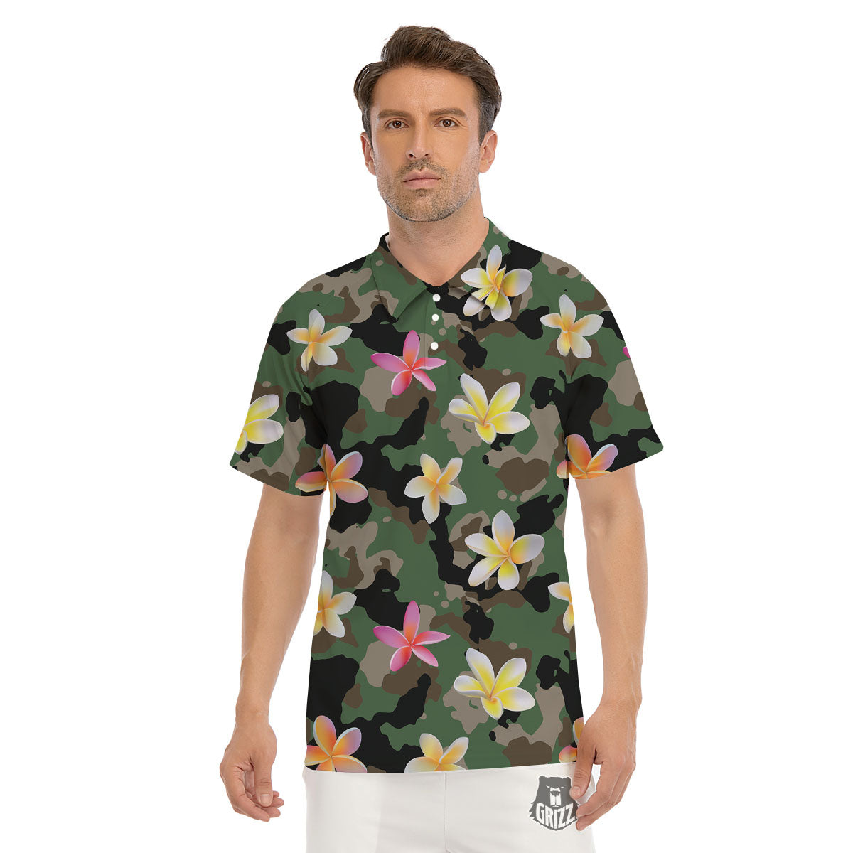 Camo Flower Military Green Print Pattern Men's Golf Shirts-grizzshop