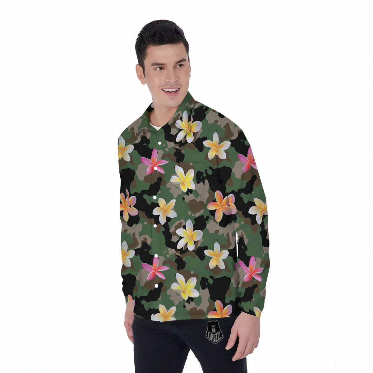 Camo Flower Military Green Print Pattern Men's Long Sleeve Shirts-grizzshop