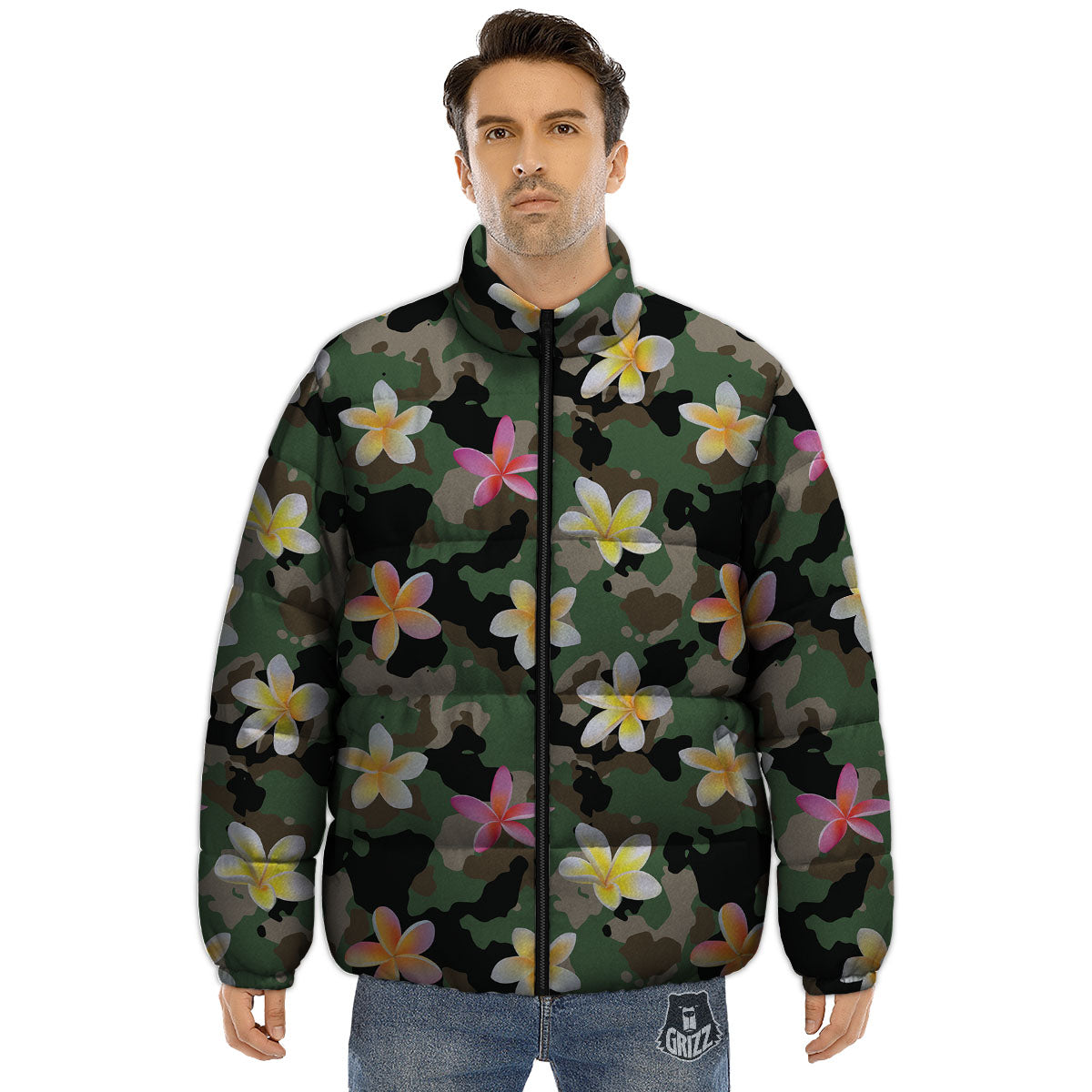 Camo Flower Military Green Print Pattern Puffer Jacket-grizzshop