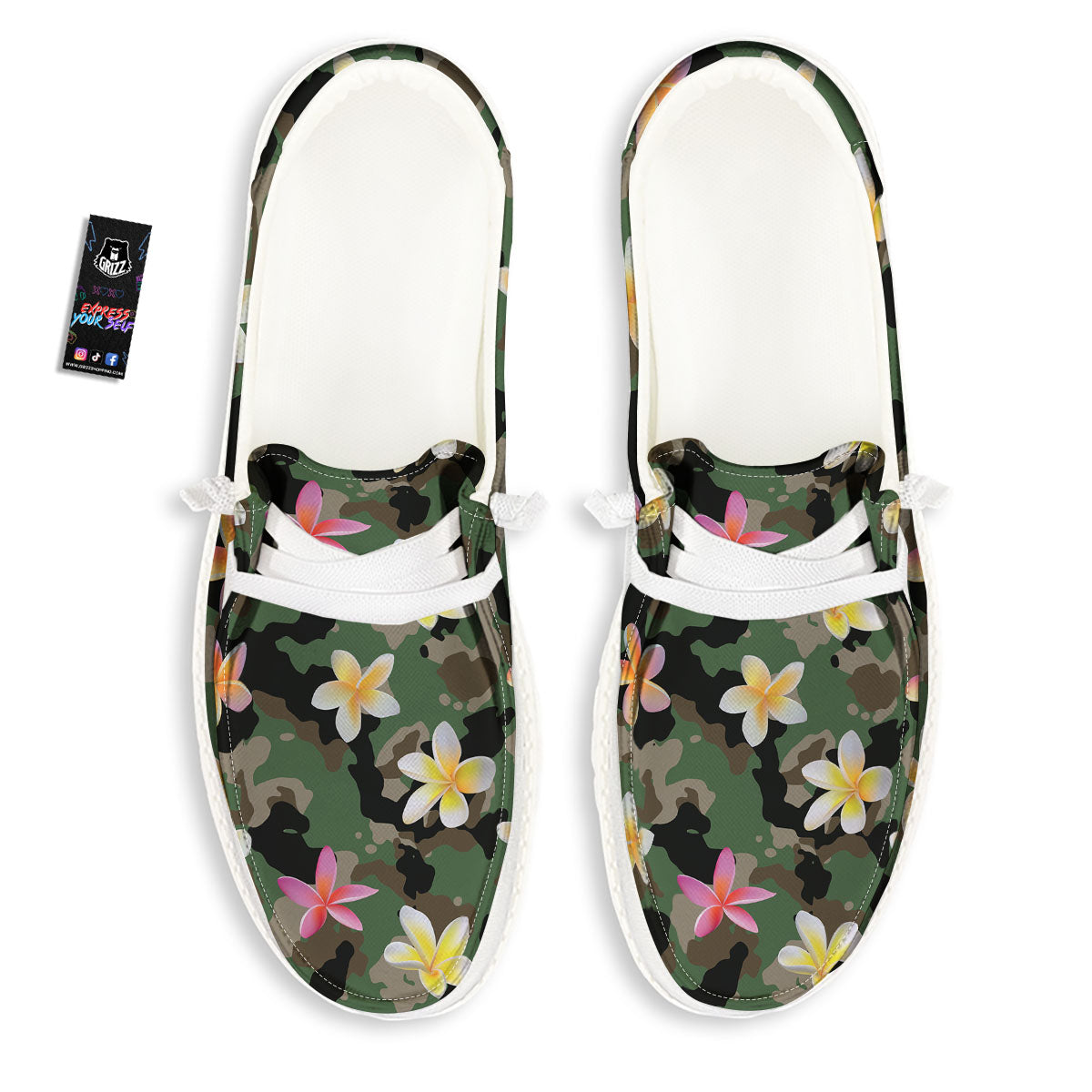 Camo Flower Military Green Print Pattern White Loafers-grizzshop