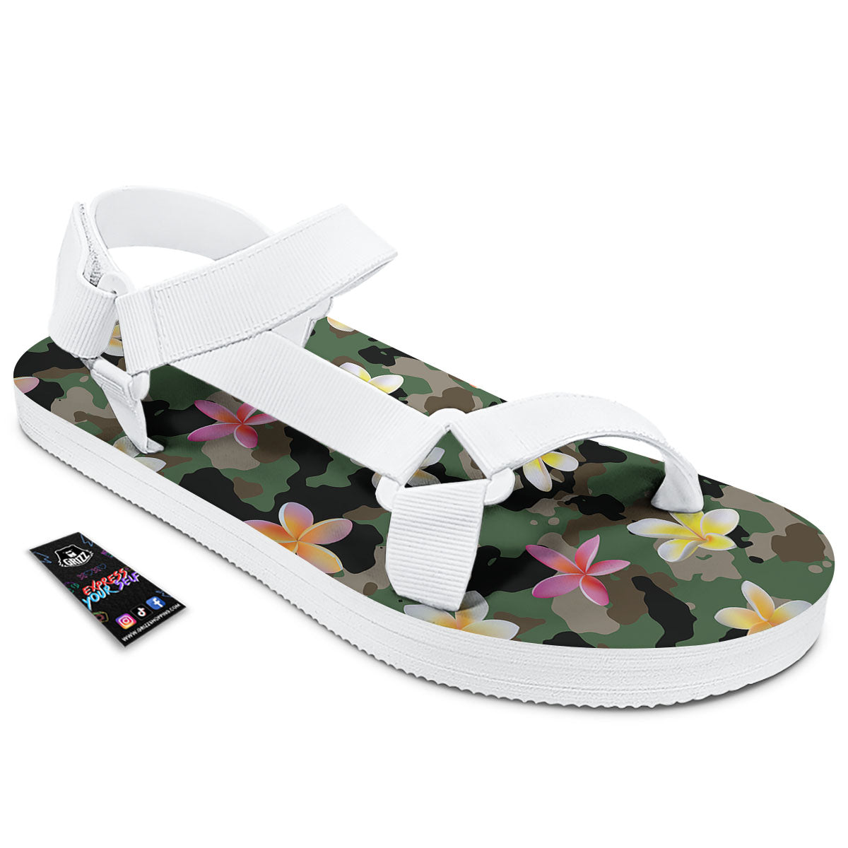 Camo Flower Military Green Print Pattern White Open Toe Sandals-grizzshop