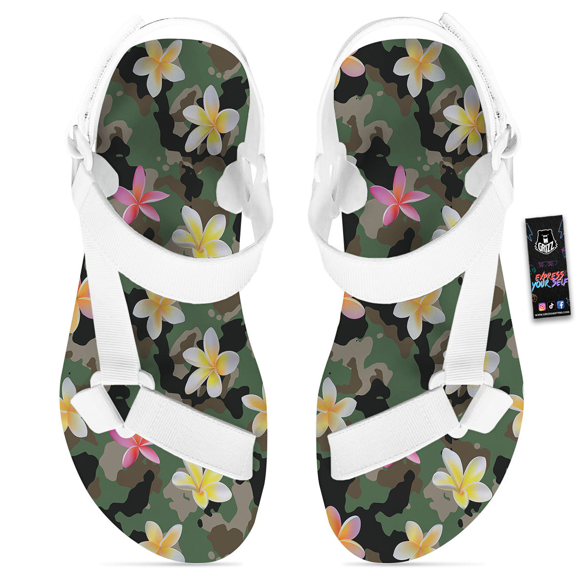 Camo Flower Military Green Print Pattern White Open Toe Sandals-grizzshop