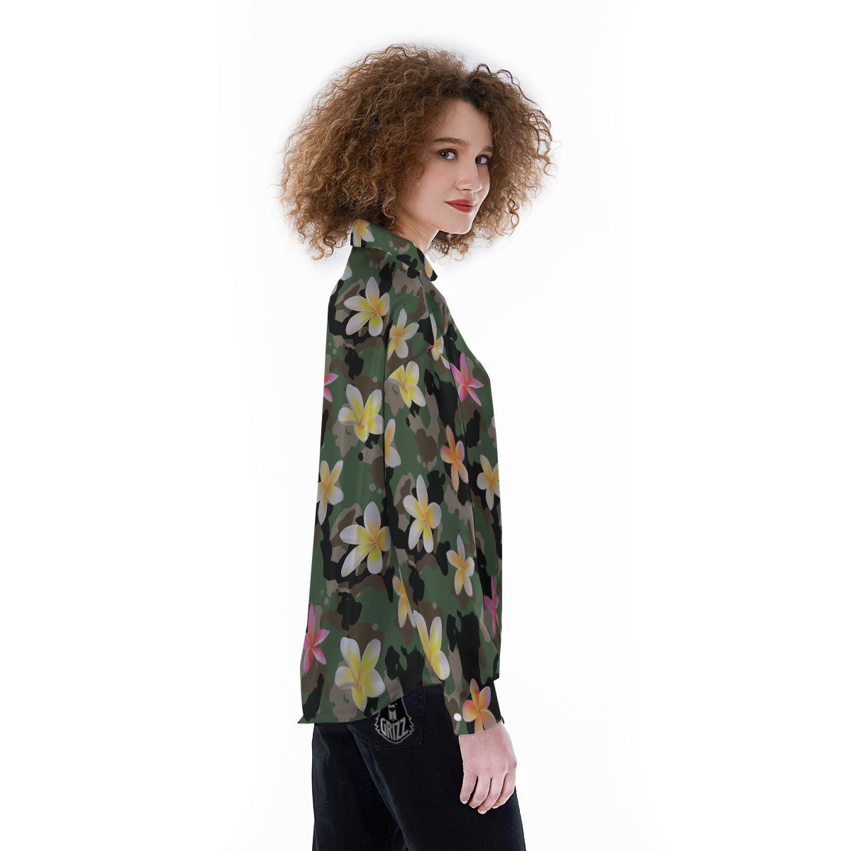 Camo Flower Military Green Print Pattern Women's Long Sleeve Shirts-grizzshop