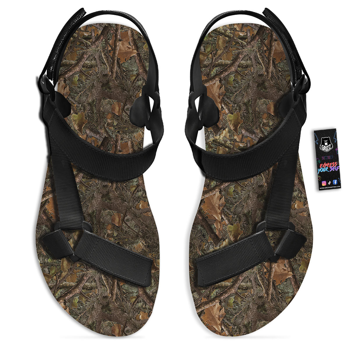Camo Hunting Print Pattern Black Open Toe Sandals-grizzshop