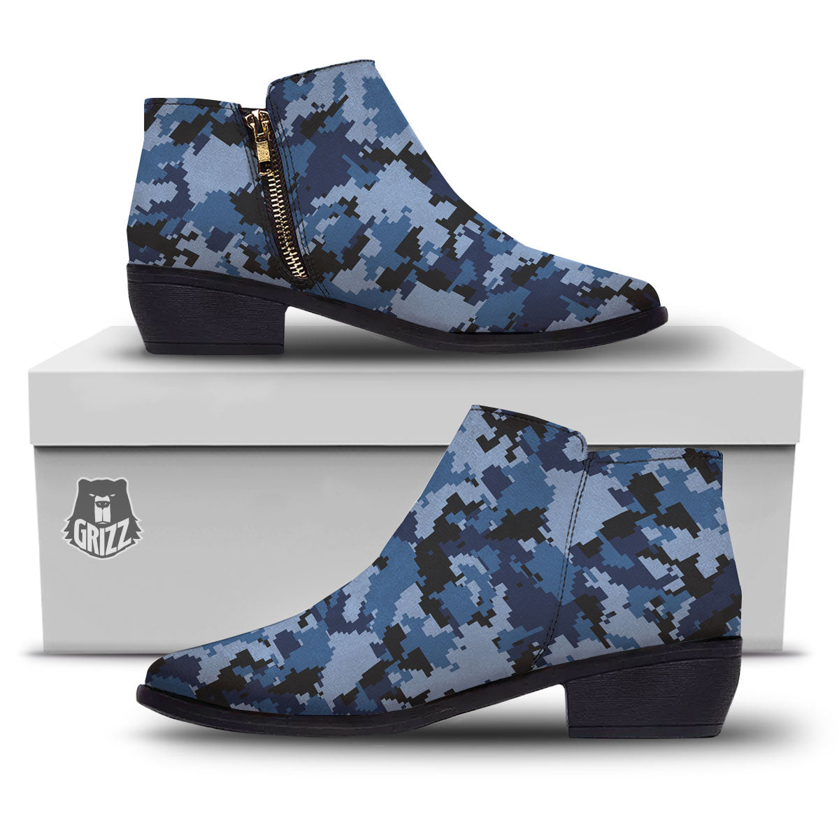 Camo Navy Digital Print Pattern Ankle Boots-grizzshop