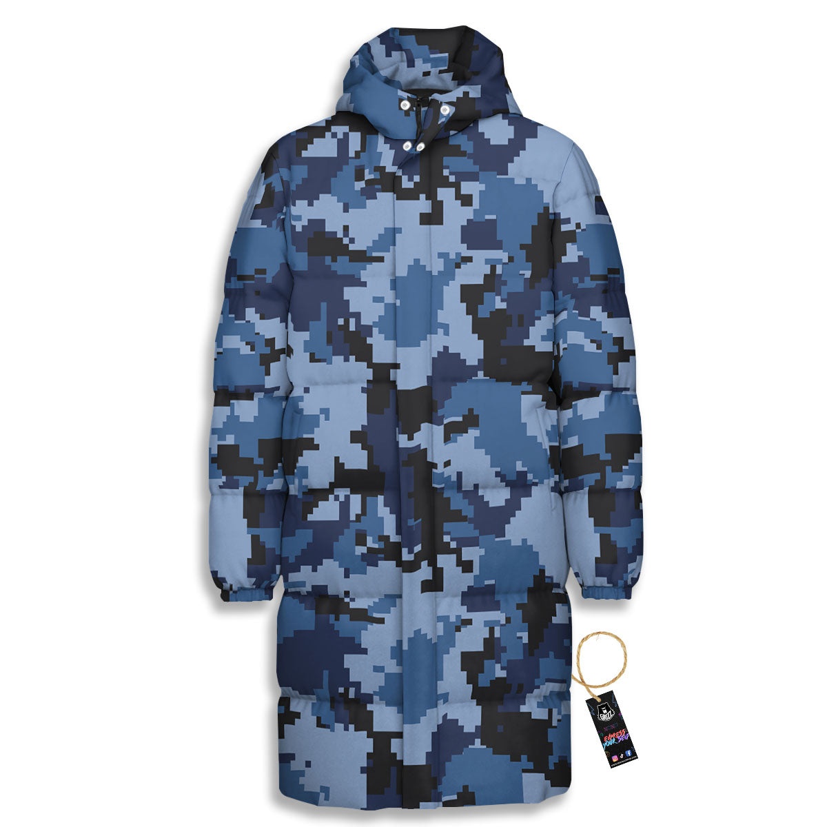 Camo Navy Digital Print Pattern Long Down Jacket-grizzshop