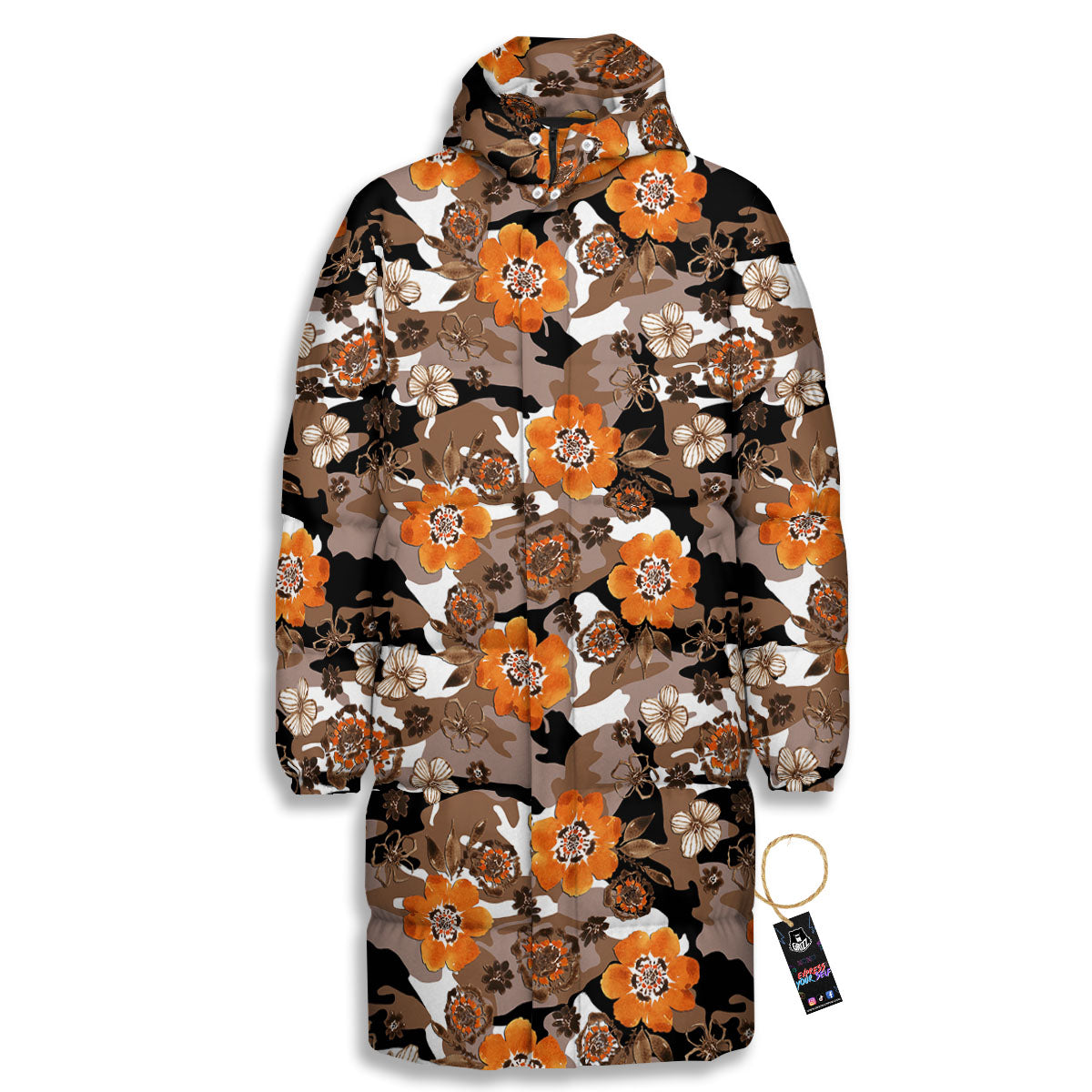 Camo Flower Brown Hawaiian Print Pattern Long Down Jacket