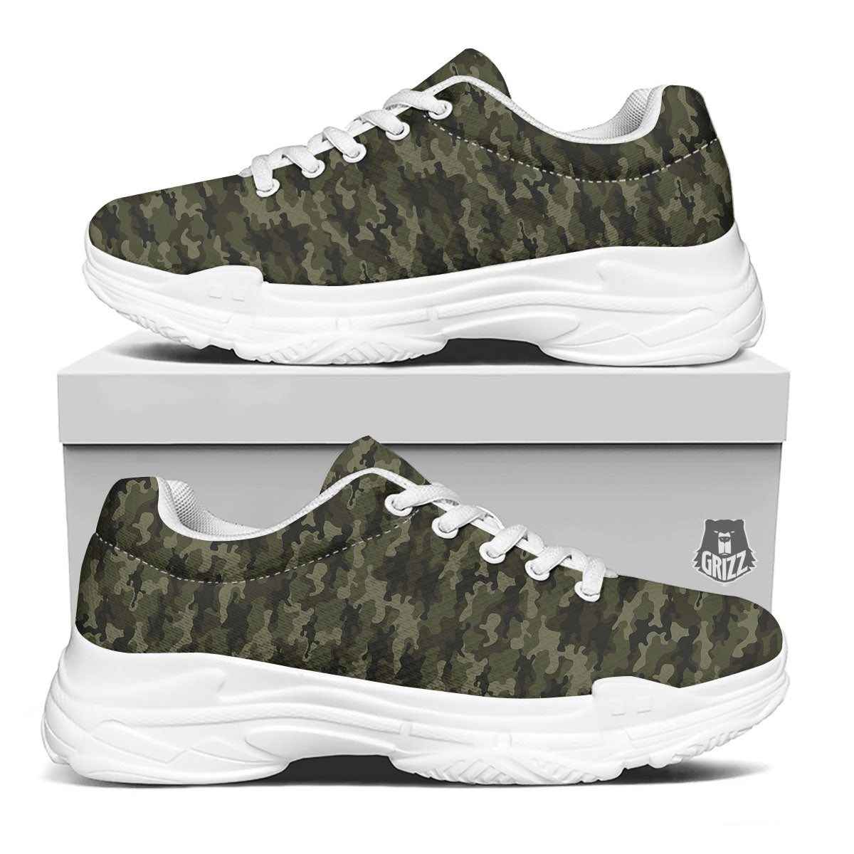 Camouflage Army Green Print White Chunky Shoes-grizzshop