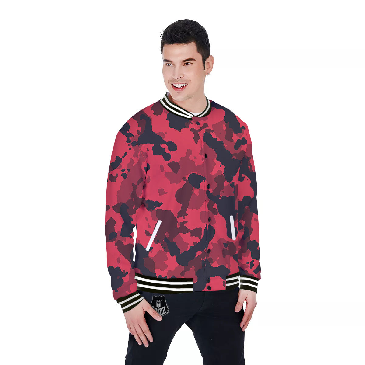Camouflage Black And Red Print Baseball Jacket-grizzshop