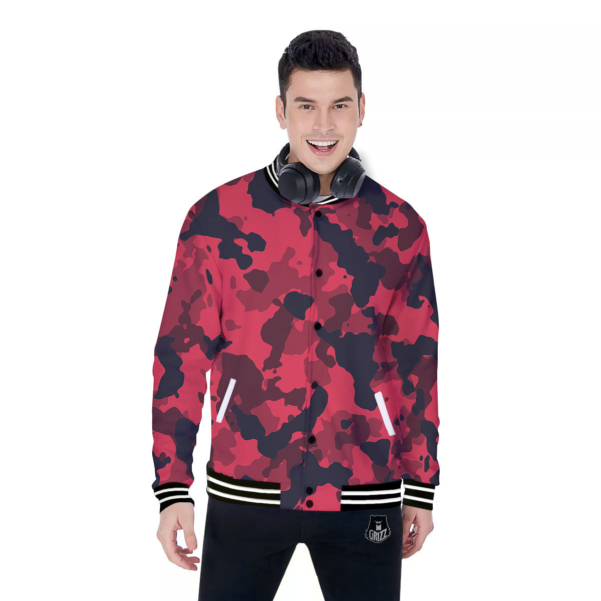 Camouflage Black And Red Print Baseball Jacket-grizzshop