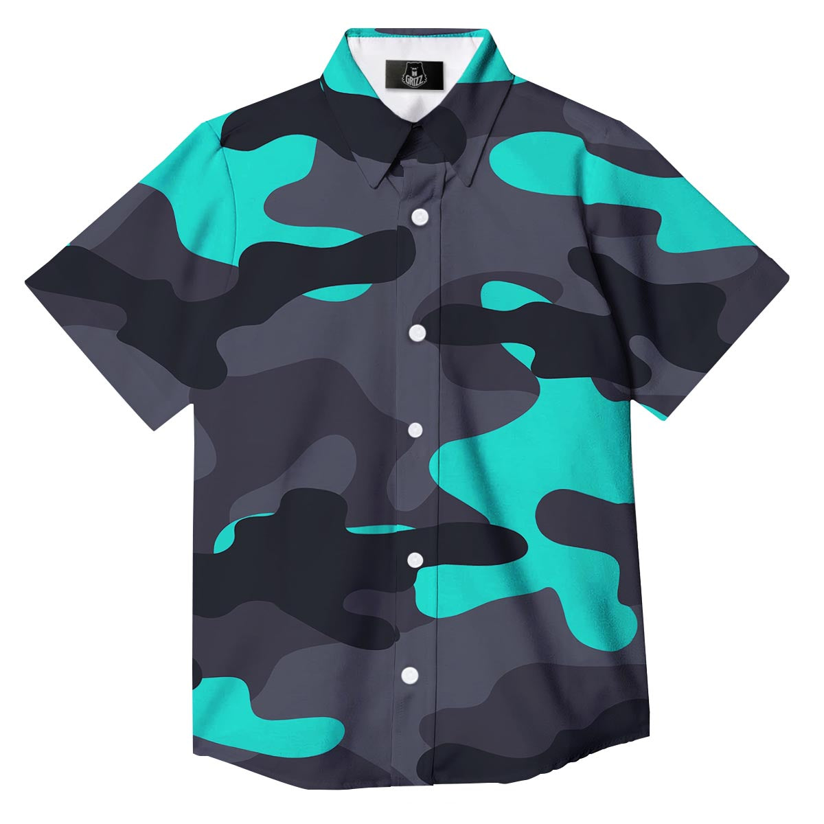 Camouflage Black And Teal Print Button Up Shirt-grizzshop
