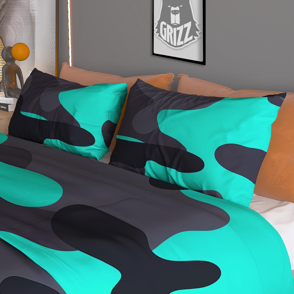 Camouflage Black And Teal Print Duvet Cover Bedding Set