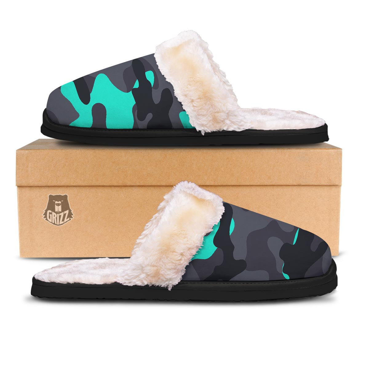 Camouflage Black And Teal Print Slippers-grizzshop