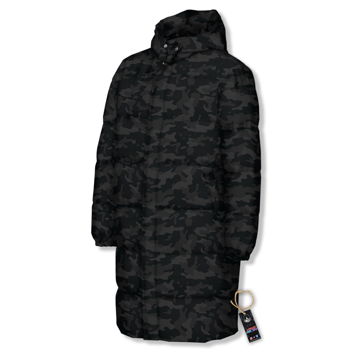 Camouflage Black Print Long Down Jacket-grizzshop