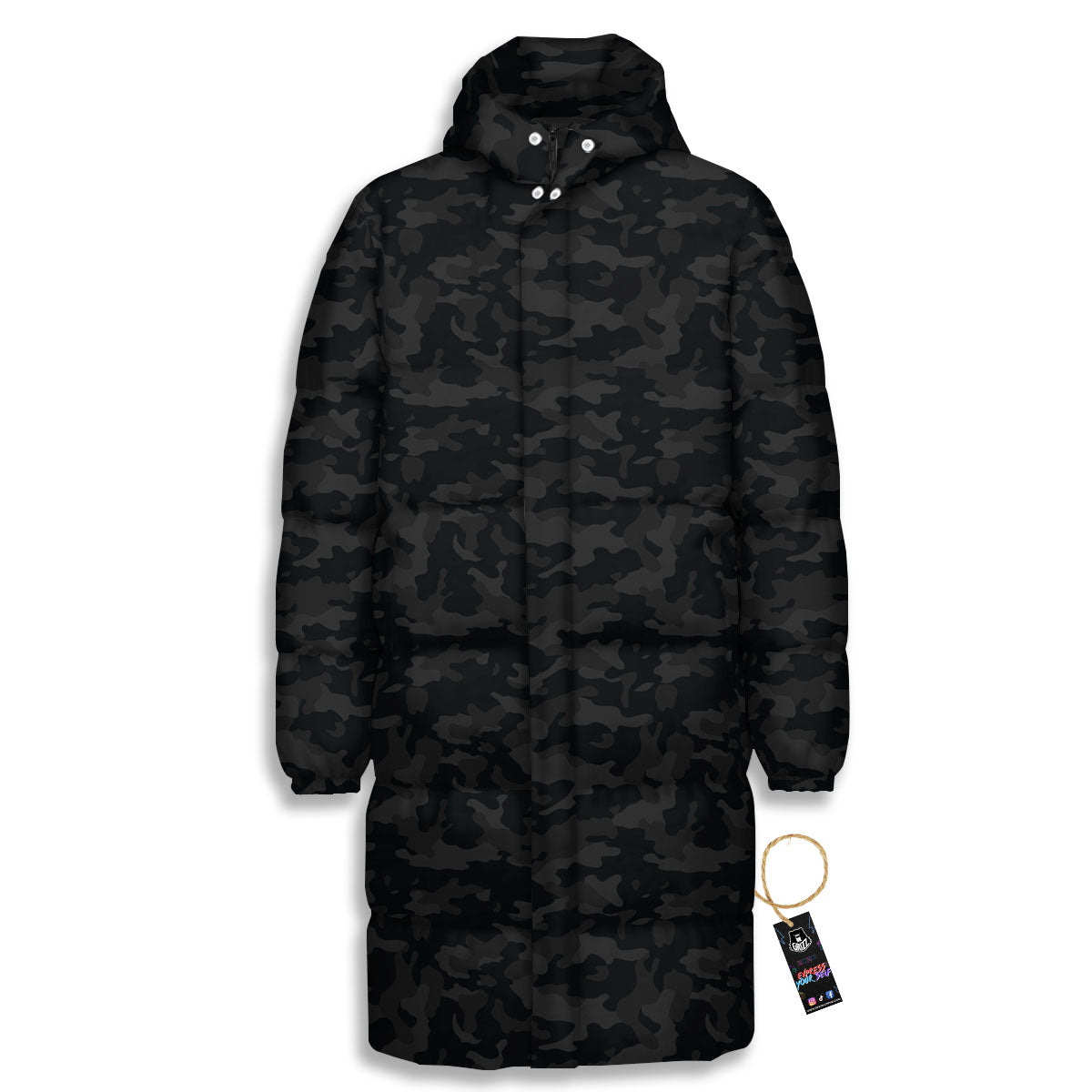 Camouflage Black Print Long Down Jacket-grizzshop
