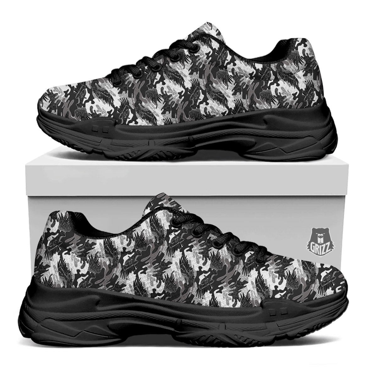 Camouflage Black Wings Print Pattern Black Chunky Shoes-grizzshop
