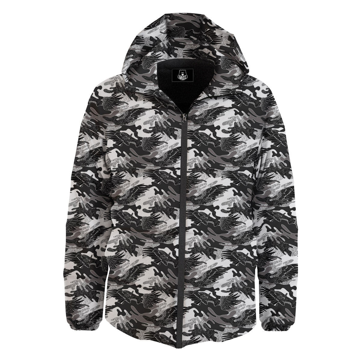 Camouflage Black Wings Print Pattern Down Jacket-grizzshop