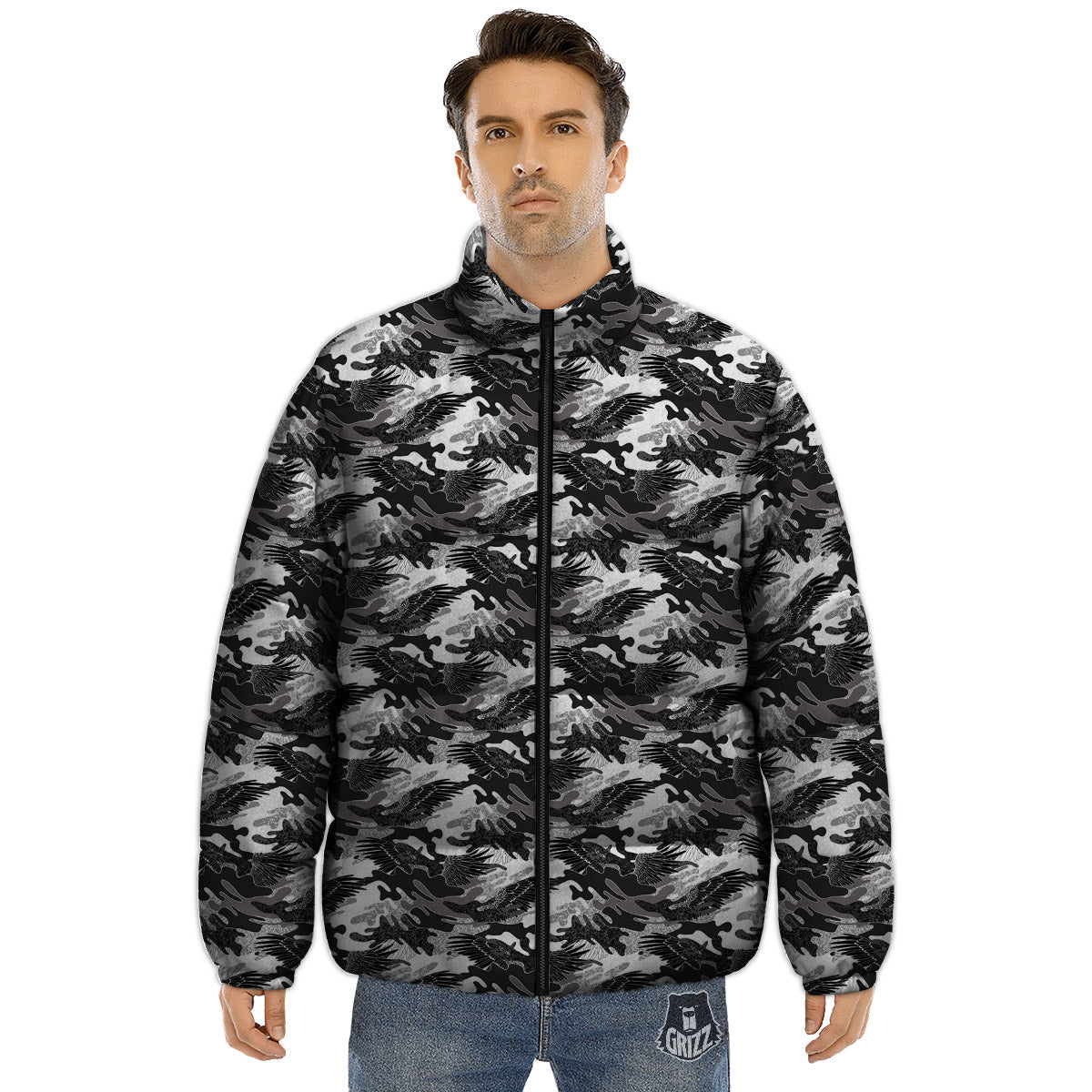 Camouflage Black Wings Print Pattern Puffer Jacket-grizzshop