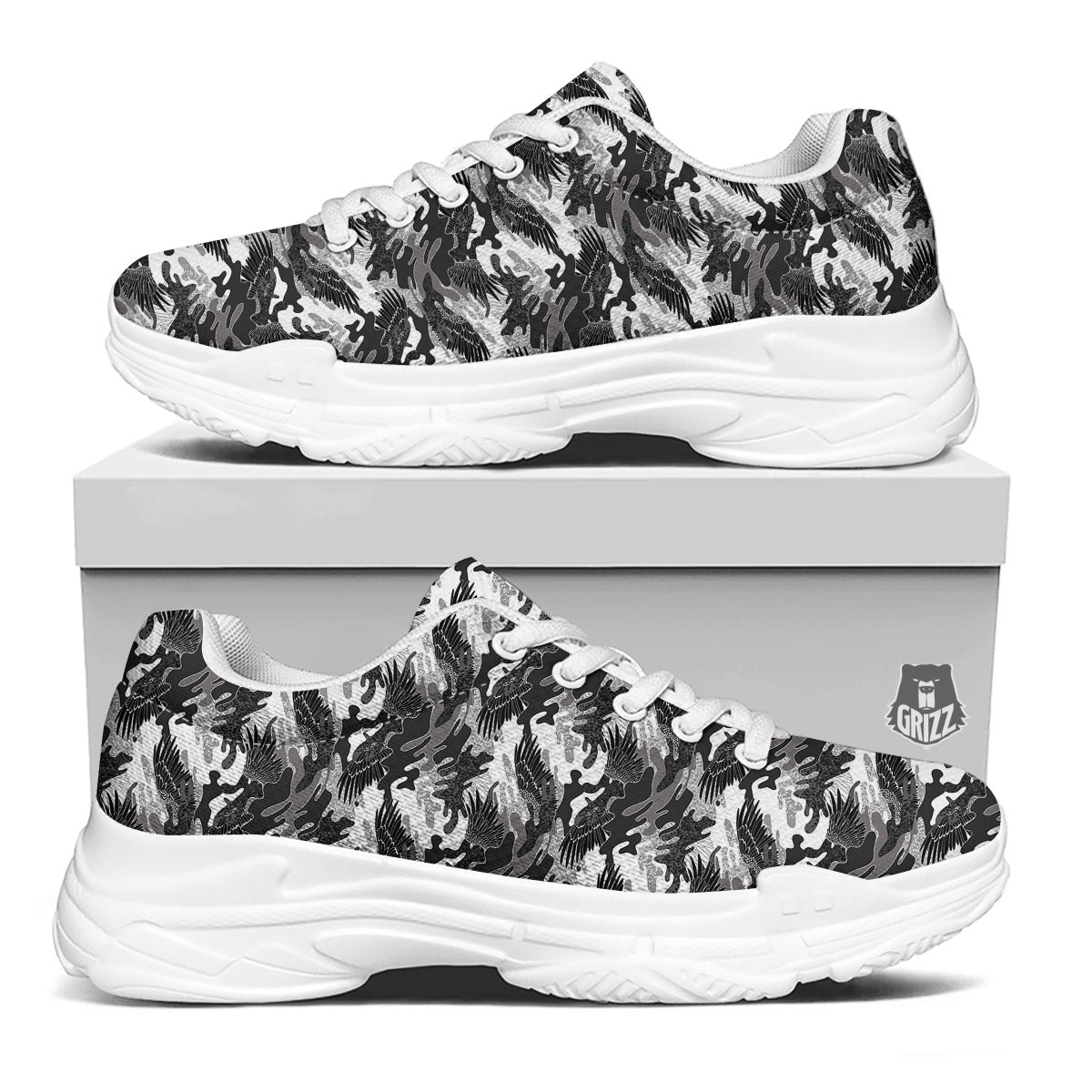 Camouflage Black Wings Print Pattern White Chunky Shoes-grizzshop