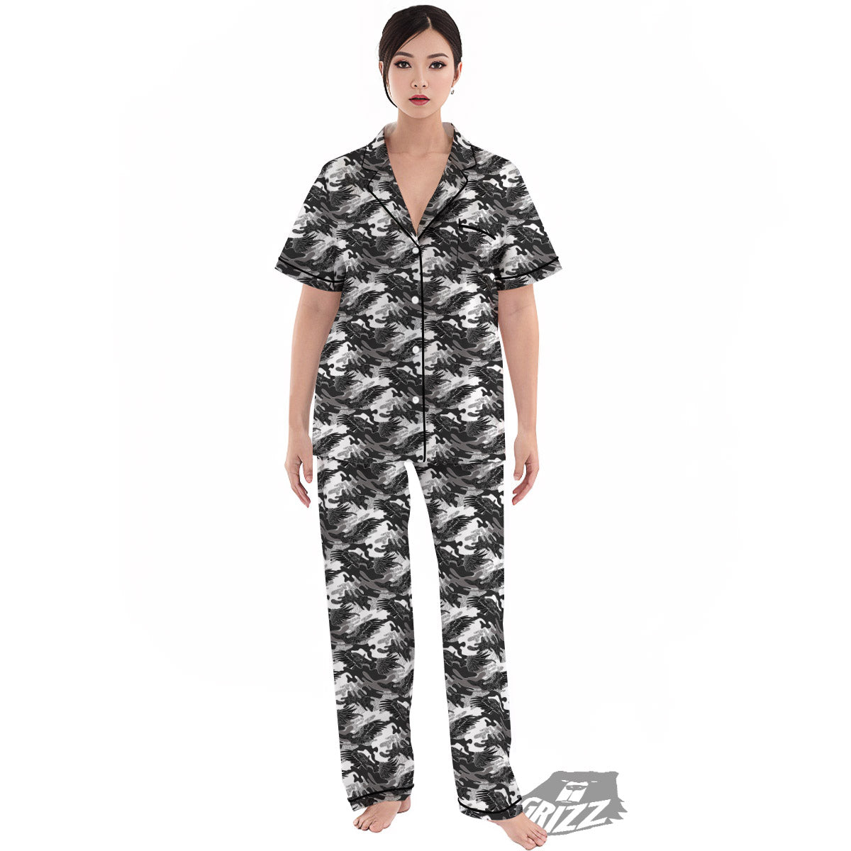 Camouflage Black Wings Print Pattern Women's Pajamas Set-grizzshop