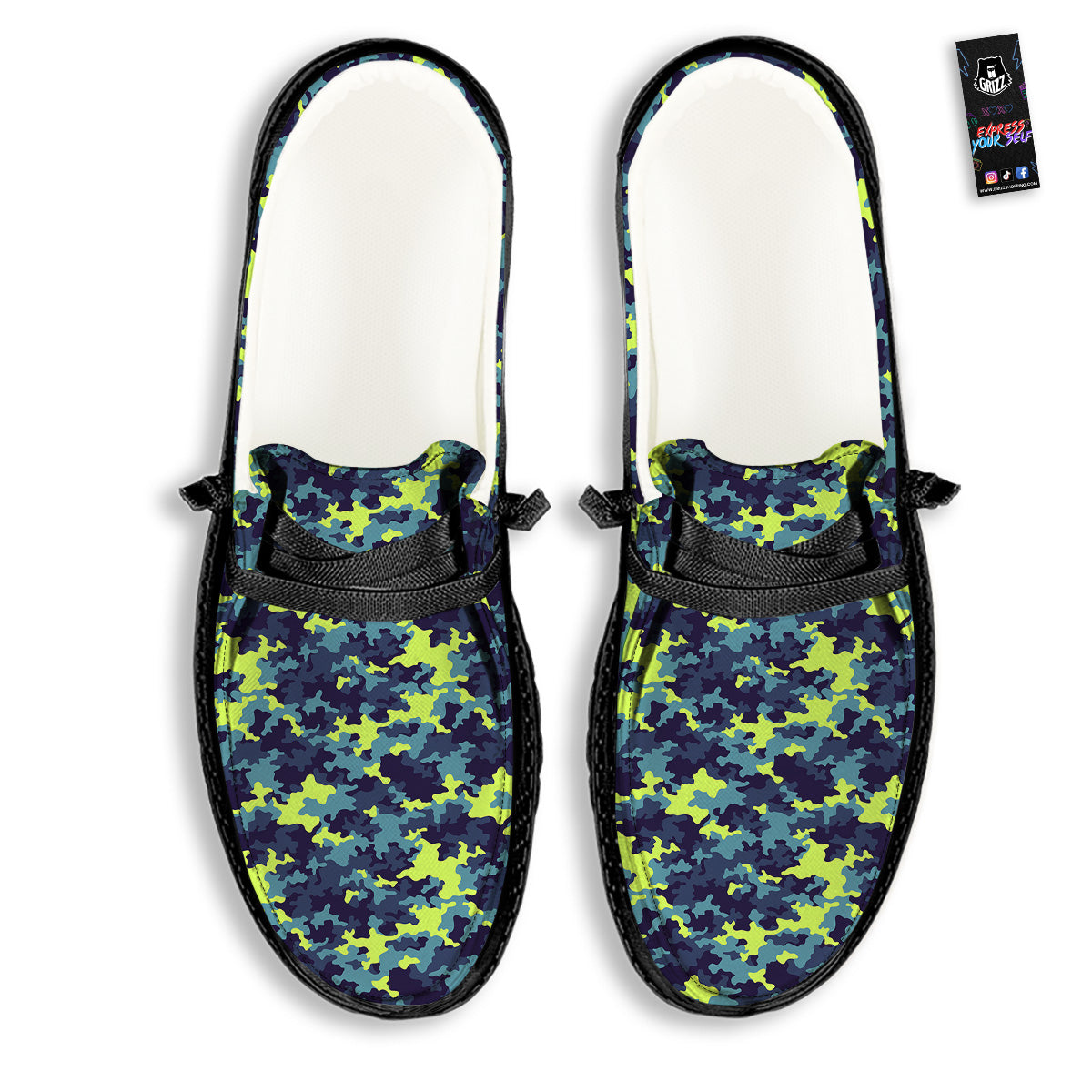 Camouflage Blue And Neon Green Print Pattern Black Loafers-grizzshop