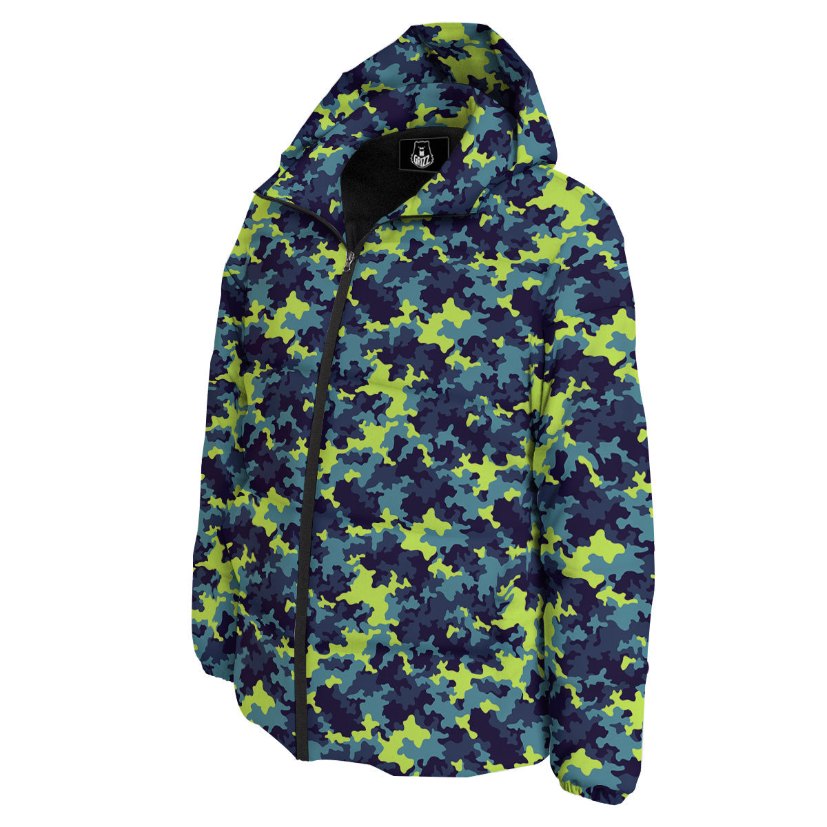 Camouflage Blue And Neon Green Print Pattern Down Jacket-grizzshop