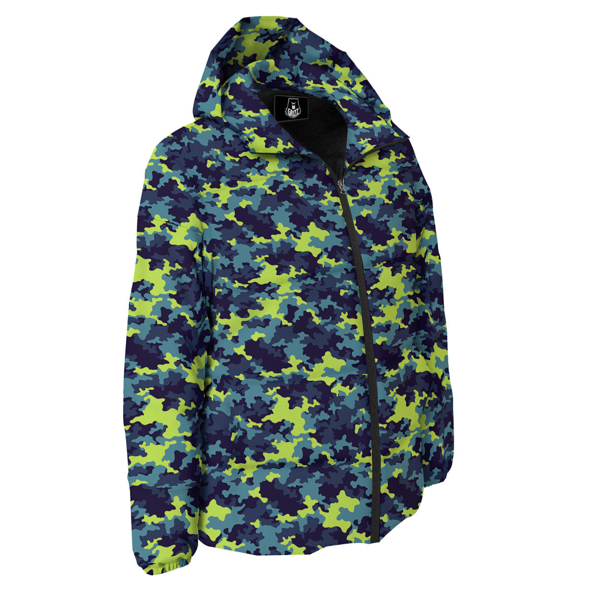Camouflage Blue And Neon Green Print Pattern Down Jacket-grizzshop