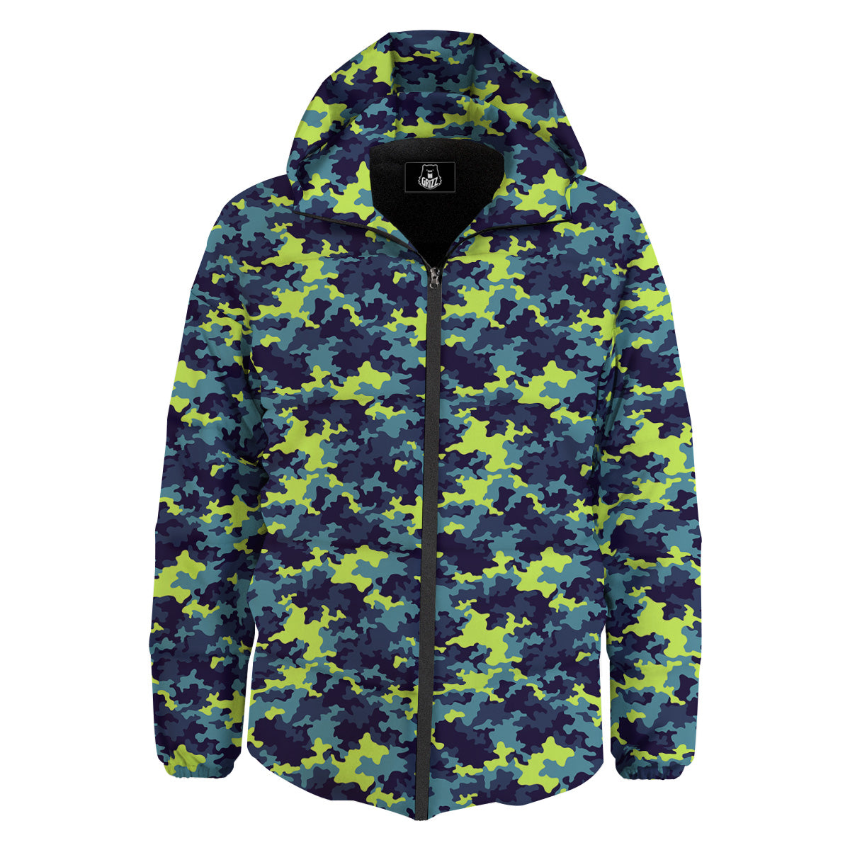 Camouflage Blue And Neon Green Print Pattern Down Jacket-grizzshop