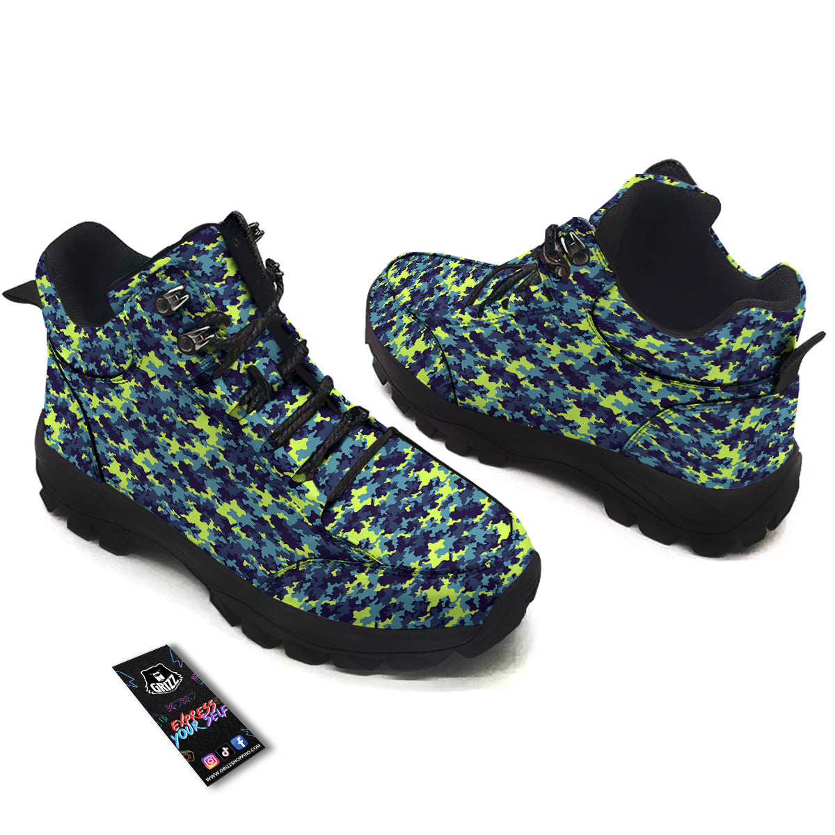 Camouflage Blue And Neon Green Print Pattern Hiking Shoes-grizzshop